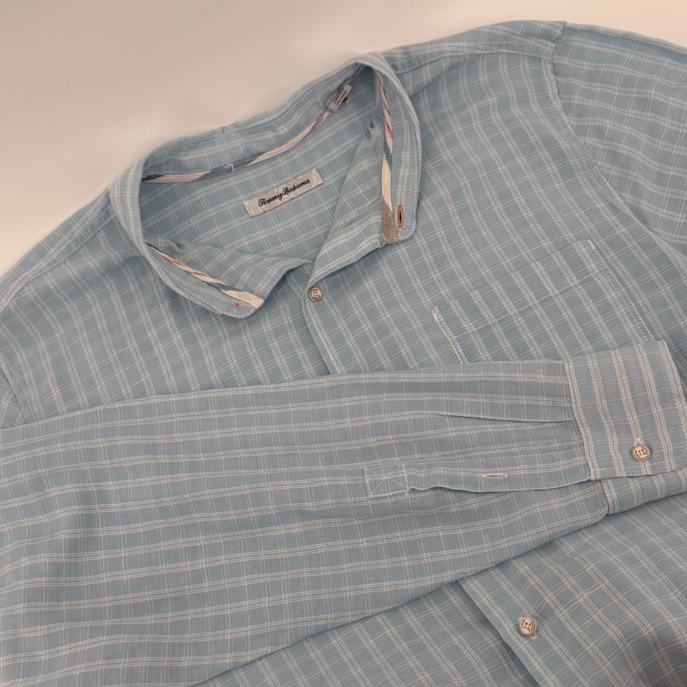 Tommy Bahama Mens XL Blue Plaid Linen Tencel Blend Long Sleeve Button Down Shirt